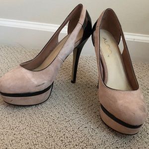 Pink and black suede platform heel